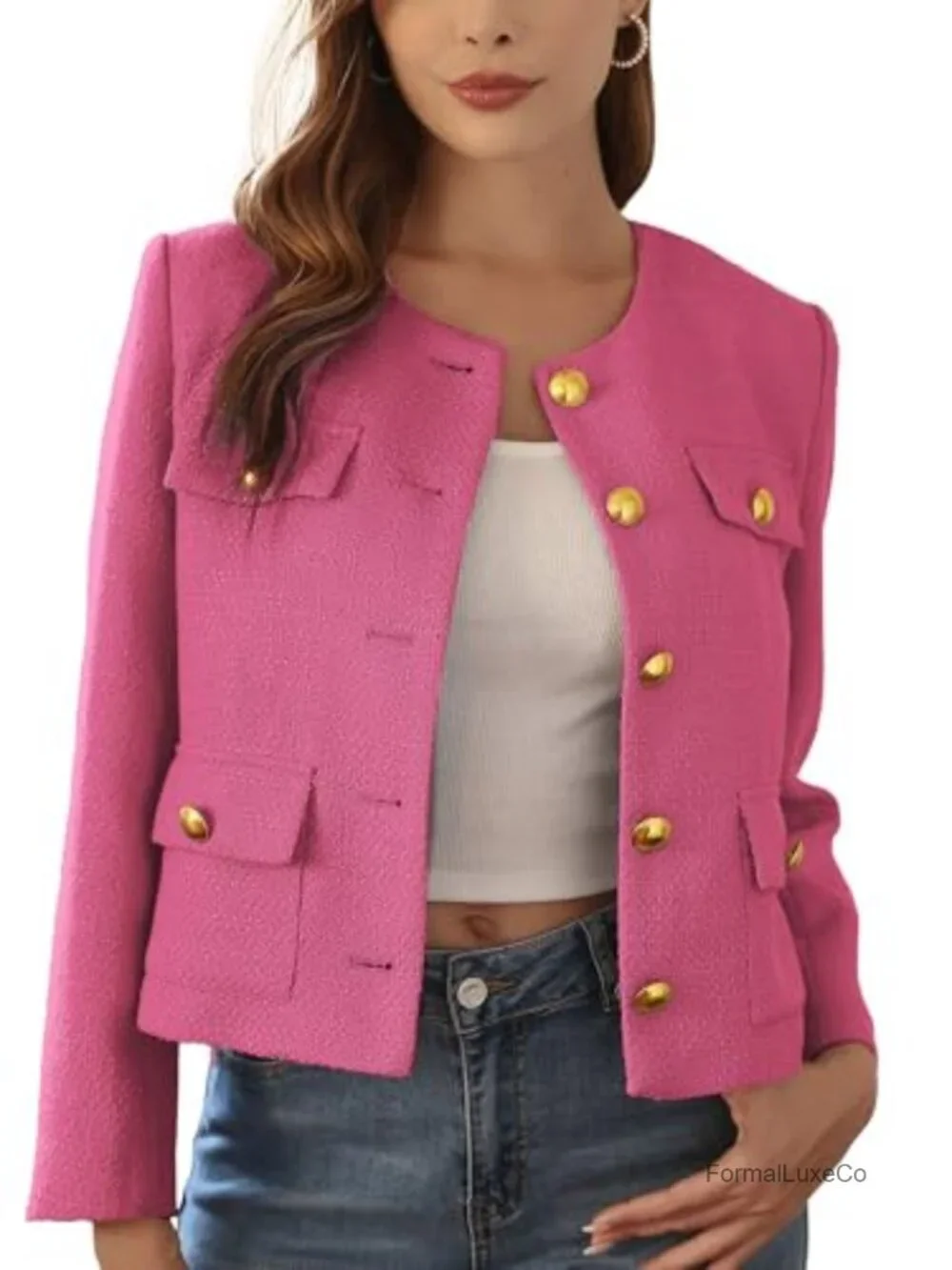 Women Tweed Blazer Cropped Jacket Round Neck Pockets Business Casual Spring